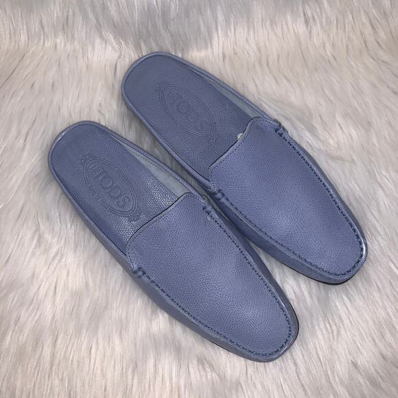 TODS Pebbled Leather Backless Slip On Drivers Mules Loafers, Blue - Picture 2 of 10